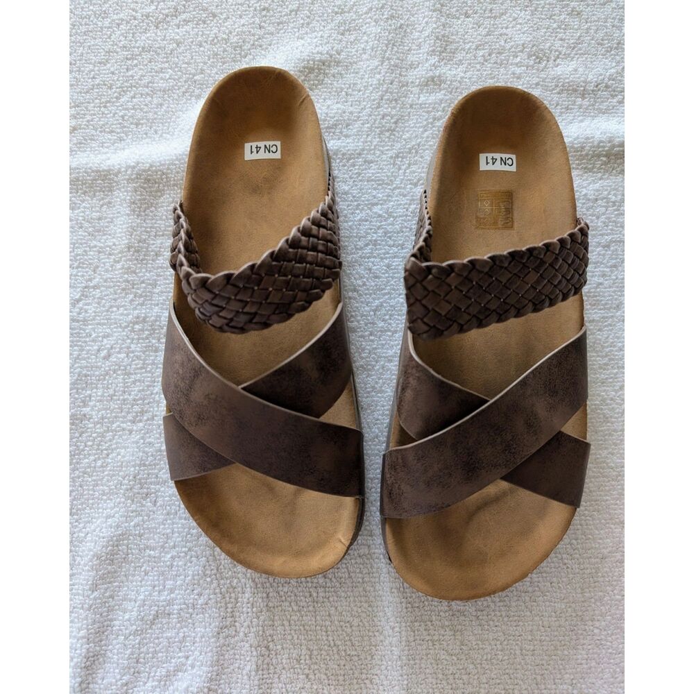 Platform Woven Strap Slide Sandals Brown Braided Criss Cross Flatform
